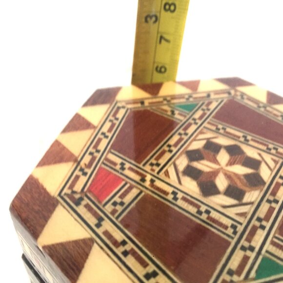 Handcrafted Marketry Inlay Wooden Jewelry Box With Brass Latch Hexagonal - Picture 6 of 9